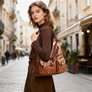 Retro multi-pocket design large capacity shoulder bag