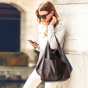 Dark brown, soft and loose-fitting handbag