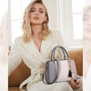 Pink and gray color-blocked handbag