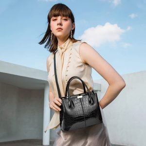 Glossy crocodile-embossed large handbag