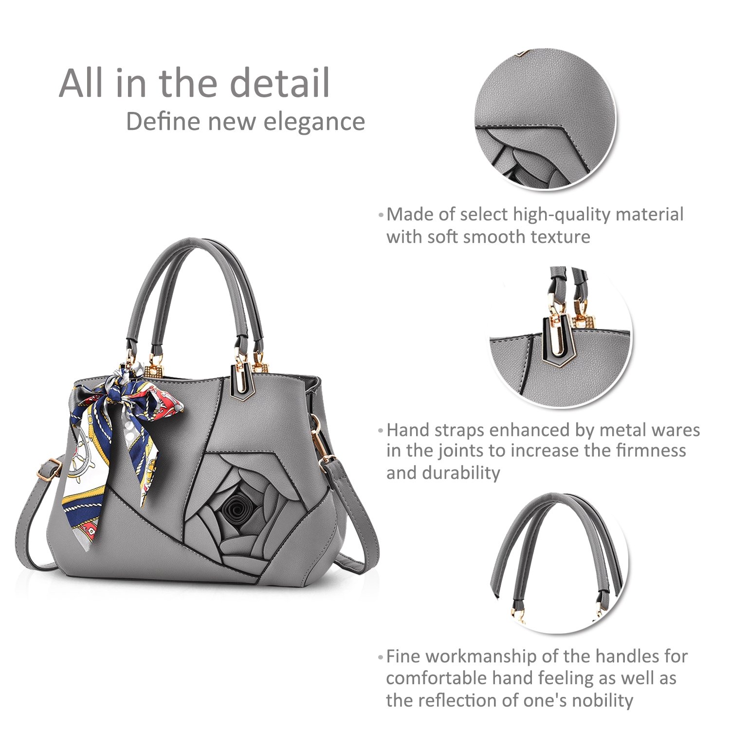 Grey rose appliqué handbag - Image 3