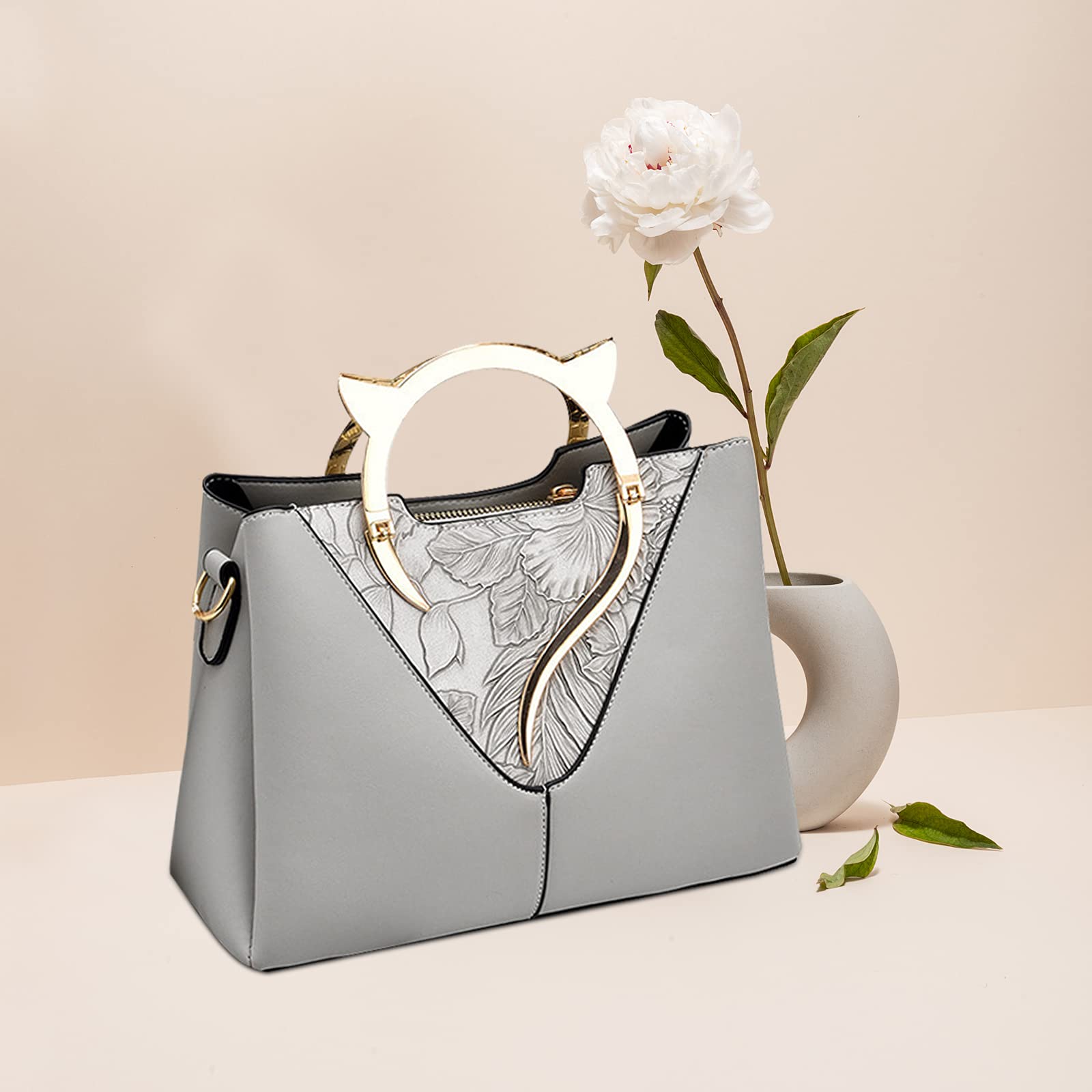 Light gray floral embossed handbag - Image 4