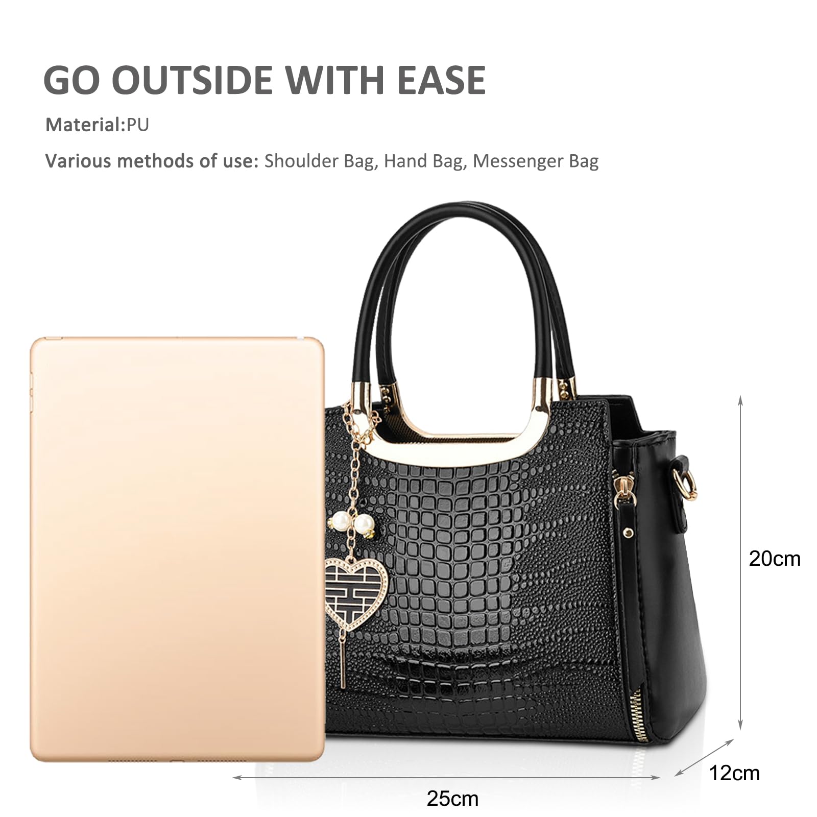 Heart-shaped charm black crocodile-print handbag - Image 4