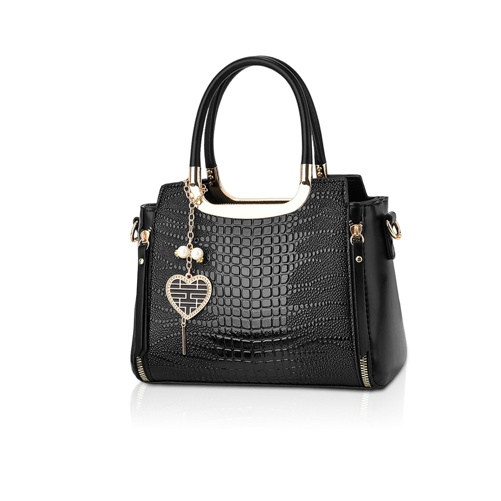 Heart-shaped charm black crocodile-print handbag - Image 3