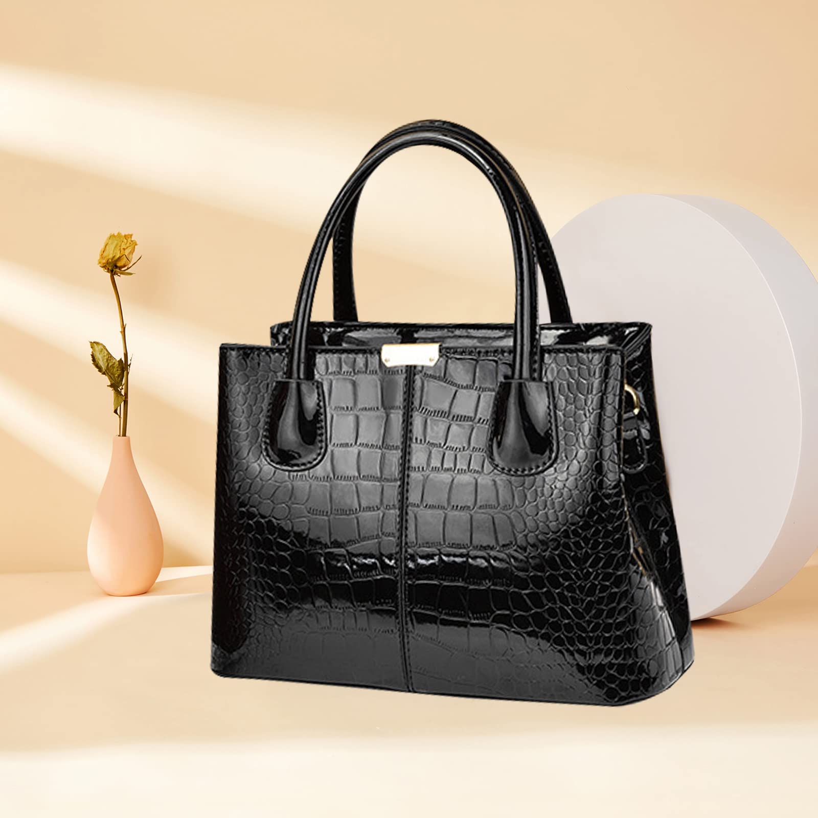 Glossy crocodile-embossed large handbag - Image 2