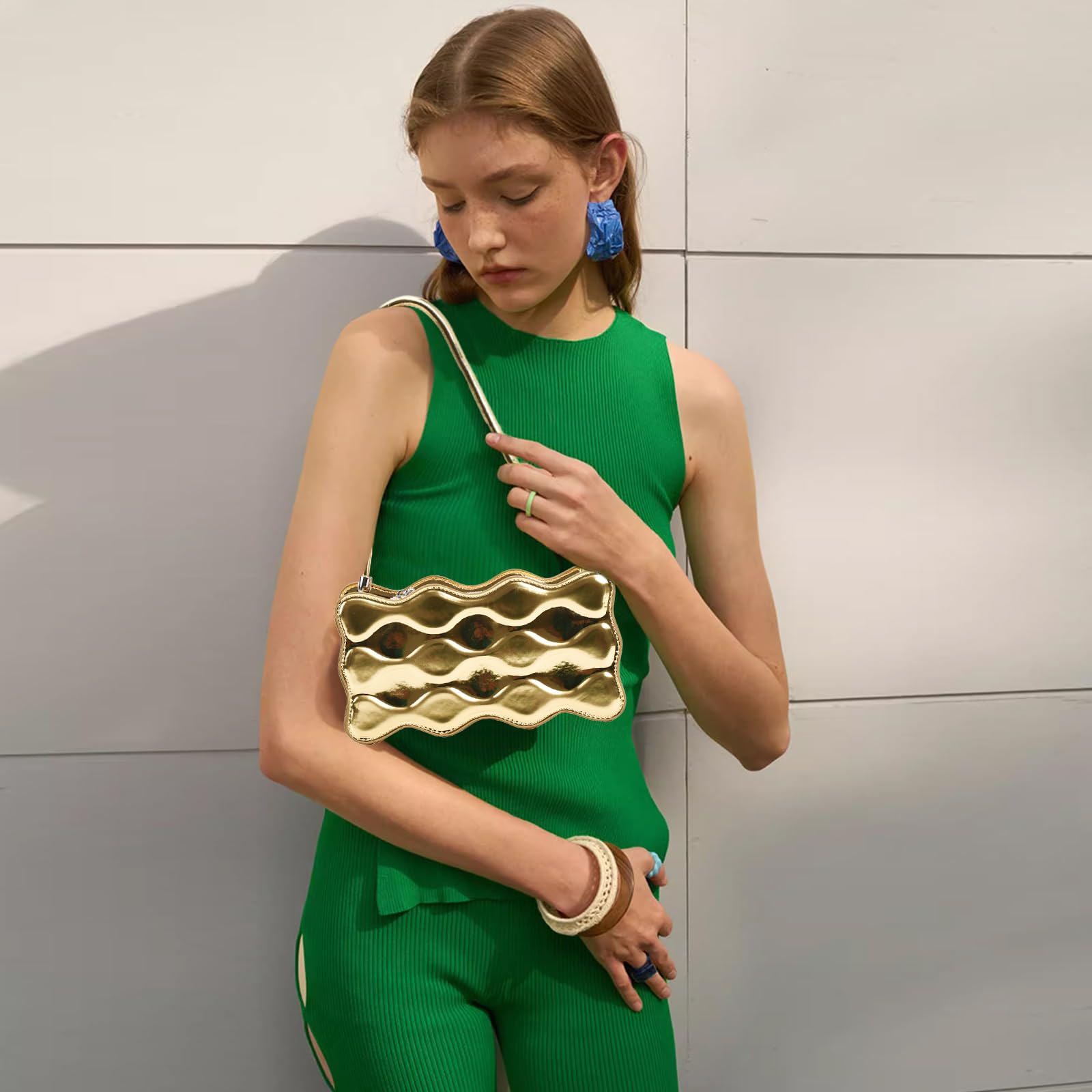Gold Wavy Textured Shoulder Bag